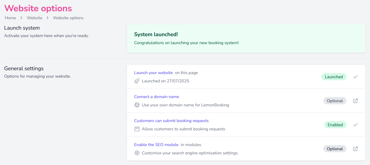 Website options page in LemonBooking