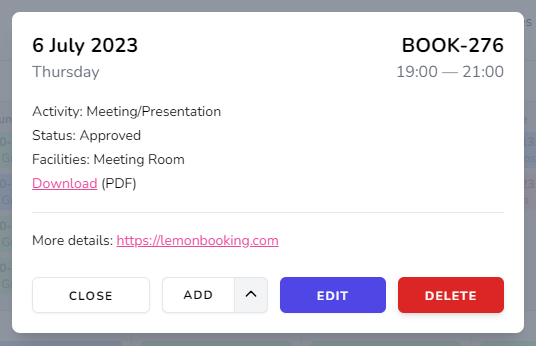 Calendar shortcut for deleting booking sessions