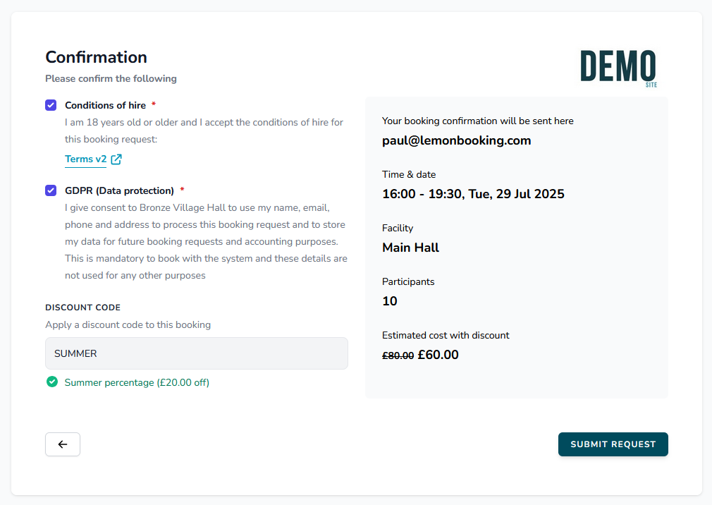 Example of a discount code being applied to a booking