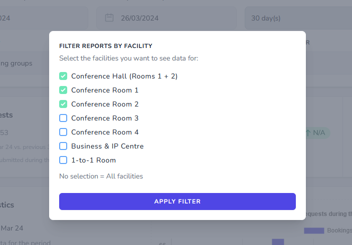 Filter reports by multiple booking groups, categories and facilities