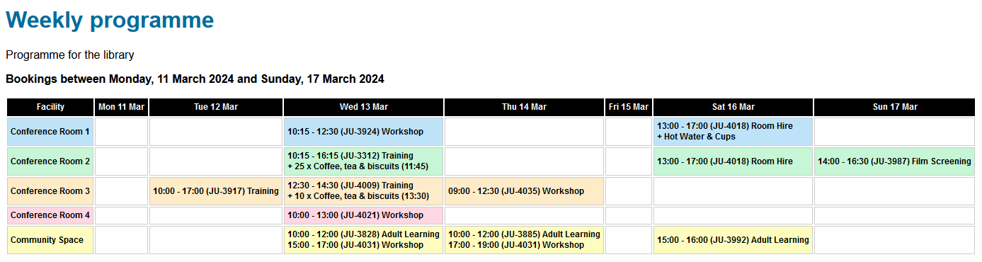 Facility colours for the weekly programme